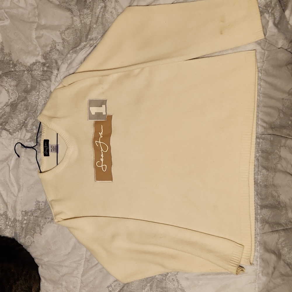 Sean John Off White Tan Spell Out Logo Knit V-Neck Pullover Sweater Vintage Y2K